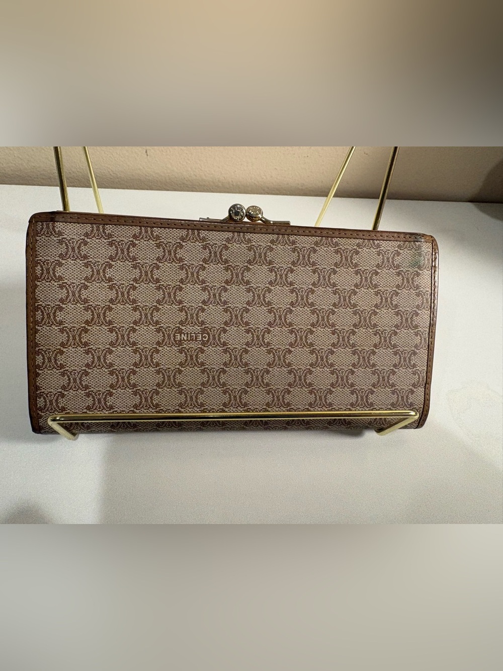 Vintage Celine MacadamMonogram Long Wallet Clutch Tan Leather TriompheMade Italy - Picture 4 of 14